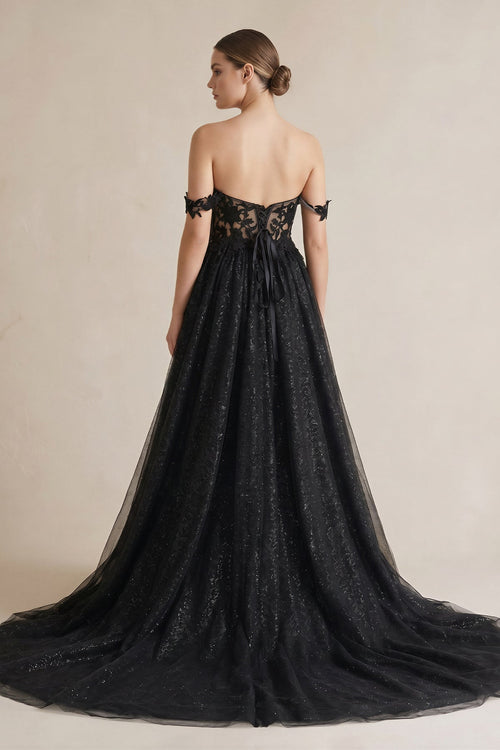 A-Line Black Gothic Wedding Dresses with Sequin Lace Appliques - Curvevia