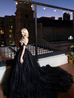 A-Line Black Gothic Wedding Dresses with Sequin Lace Appliques - Curvevia