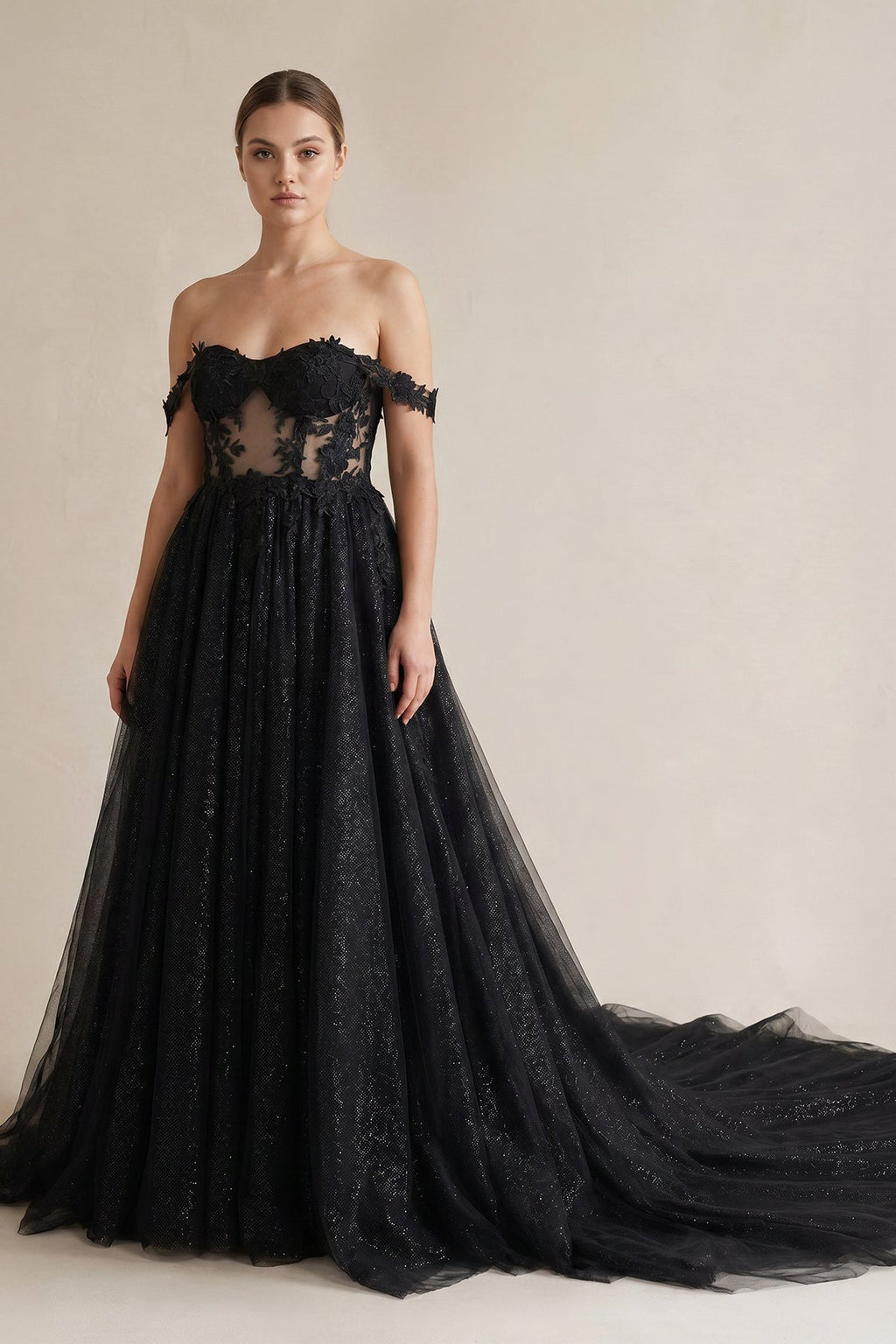 A-Line Black Gothic Wedding Dresses with Sequin Lace Appliques - Curvevia