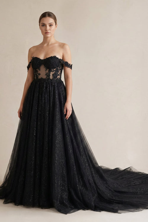 A-Line Black Gothic Wedding Dresses with Sequin Lace Appliques - Curvevia