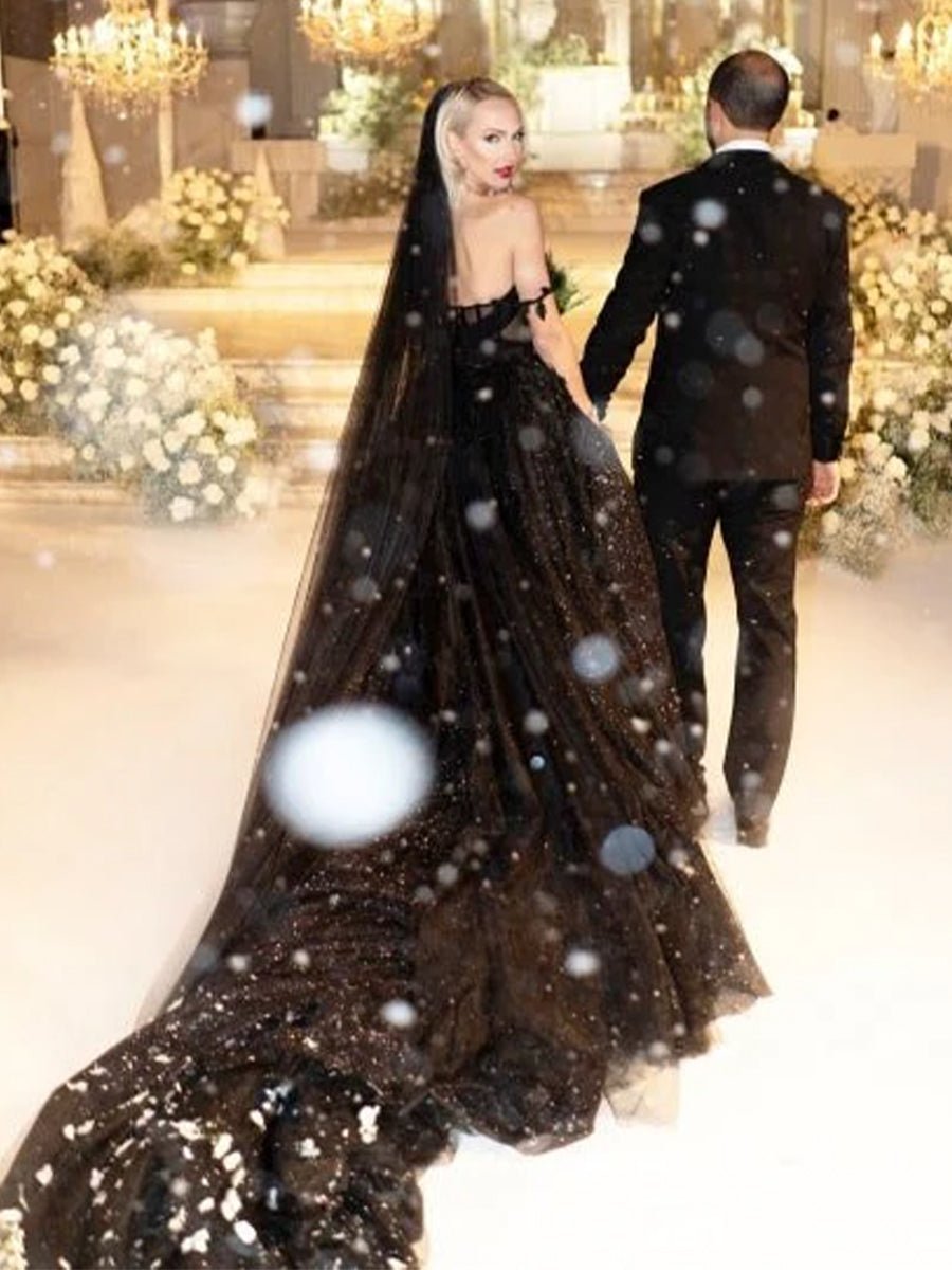 A-Line Black Gothic Wedding Dresses with Sequin Lace Appliques - Curvevia