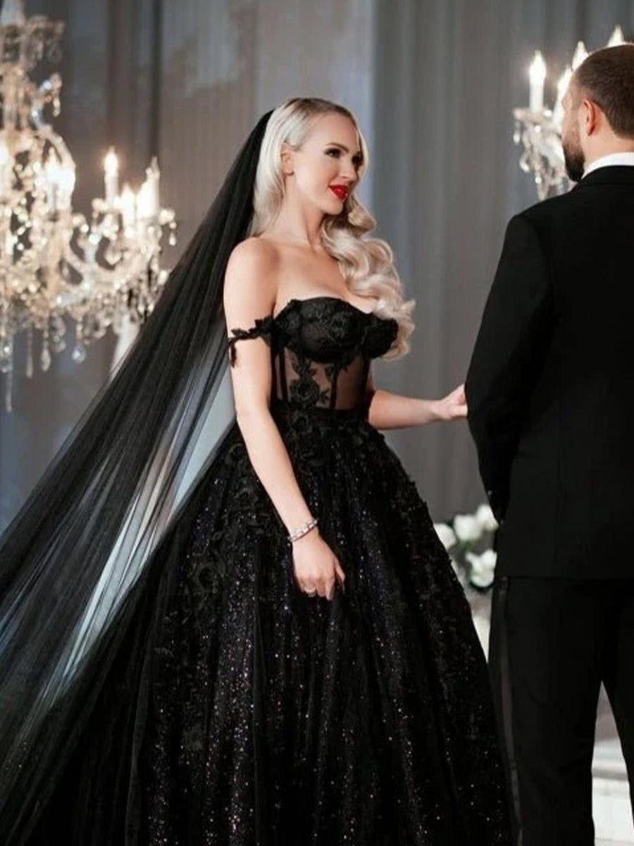 A-Line Black Gothic Wedding Dresses with Sequin Lace Appliques - Curvevia