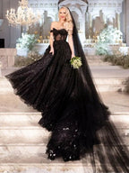 A-Line Black Gothic Wedding Dresses with Sequin Lace Appliques - Curvevia