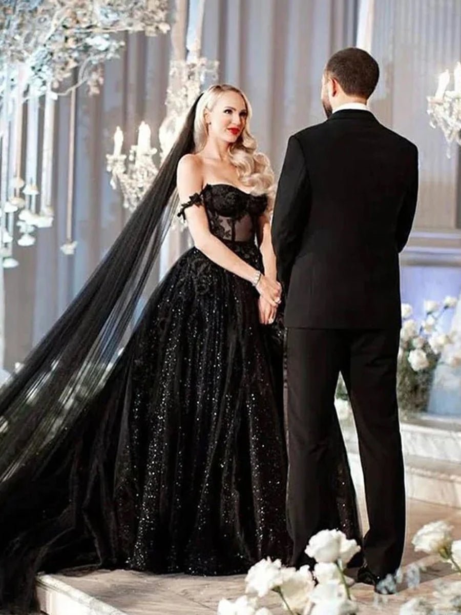 A-Line Black Gothic Wedding Dresses with Sequin Lace Appliques - Curvevia