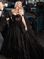 A-Line Black Gothic Wedding Dresses with Sequin Lace Appliques - Curvevia