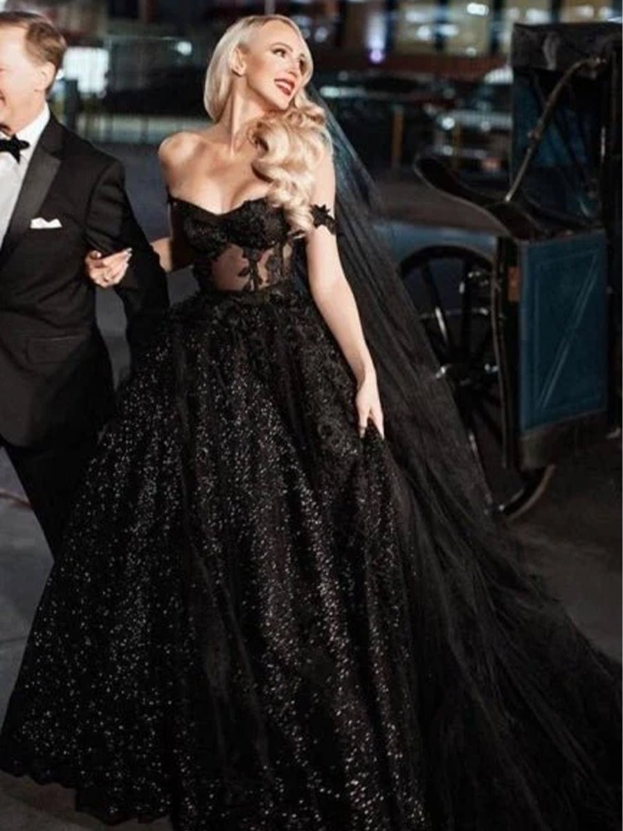 A-Line Black Gothic Wedding Dresses with Sequin Lace Appliques - Curvevia