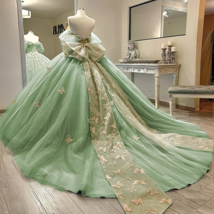 Ball Gown Sage Green Tulle Quinceanera Dress With Butterflies - Curvevia