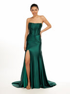 Dark Green Strapless Sheath Satin Long Evening Dress With Split - Curvevia
