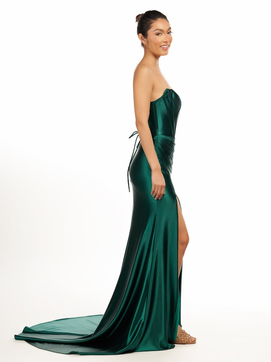 Dark Green Strapless Sheath Satin Long Evening Dress With Split - Curvevia