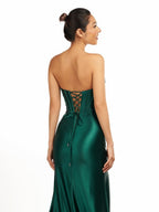 Dark Green Strapless Sheath Satin Long Evening Dress With Split - Curvevia
