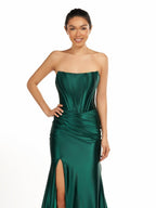 Dark Green Strapless Sheath Satin Long Evening Dress With Split - Curvevia