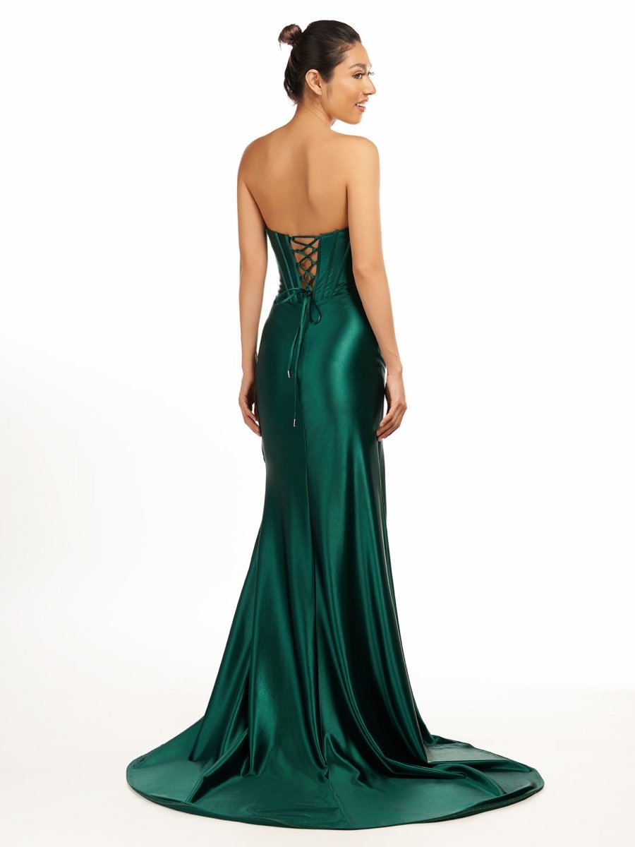 Dark Green Strapless Sheath Satin Long Evening Dress With Split - Curvevia