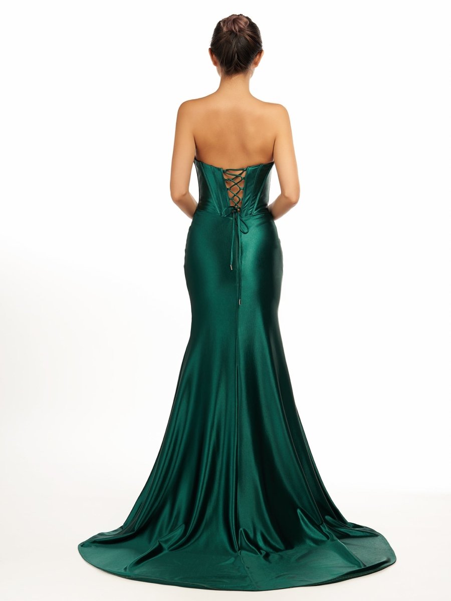 Dark Green Strapless Sheath Satin Long Evening Dress With Split - Curvevia