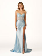 Mermaid Sweetheart Blue Beaded Ruched Long Evening Dress with Slit - Curvevia