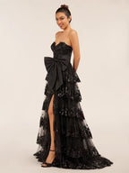 Sweetheart Light Blue Lace Appliques Ruffle Long Formal Gown - Curvevia