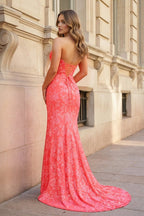 Fuchsia Strapless Sequins Lace Mermaid Evening Dress with Slit - Curvevia