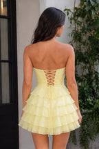 Yellow A Line Chiffon Ruffles Sweetheart Short Homecoming Dresses with Bow - Curvevia