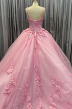 Pink Tulle Floral Appliques Sweetheart Lace-Up Quinceanera Dress - Curvevia