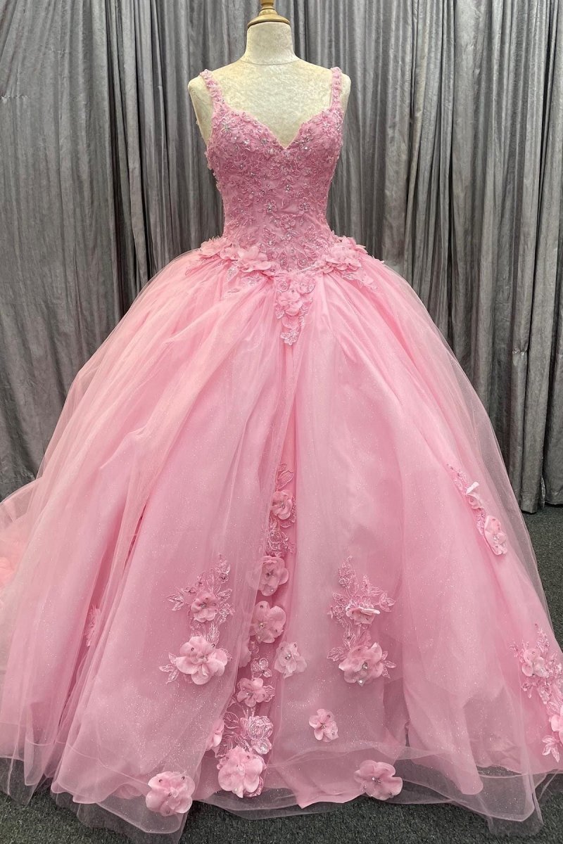Pink Tulle Floral Appliques Sweetheart Lace-Up Quinceanera Dress - Curvevia
