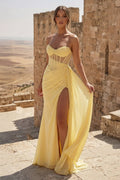 Yellow Sweetheart Sheath Pleated Long Prom Dresses With Slit - Curvevia