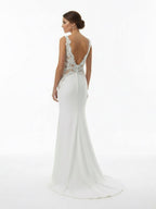 White Long Mermaid Boho Wedding Dress with Appliqued - Curvevia