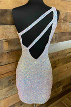 Orange Sparkly Bodycon One Shoulder Sequins Mini Party Dresses with Keyhole - Curvevia