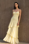 Yellow Spaghetti Straps Chiffon Sheath Long Wedding Guest Dress With Ruffles - Curvevia