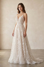 Exquisite A-Line V Neck Lace Boho Wedding Dresses - Curvevia