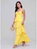 Coquette Lemon Chiffon A-Line Square Neck Backless with Cascading Ruffles Ankle-Length Bridesmaid Dress - Curvevia