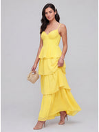 Coquette Lemon Chiffon A-Line Square Neck Backless with Cascading Ruffles Ankle-Length Bridesmaid Dress - Curvevia