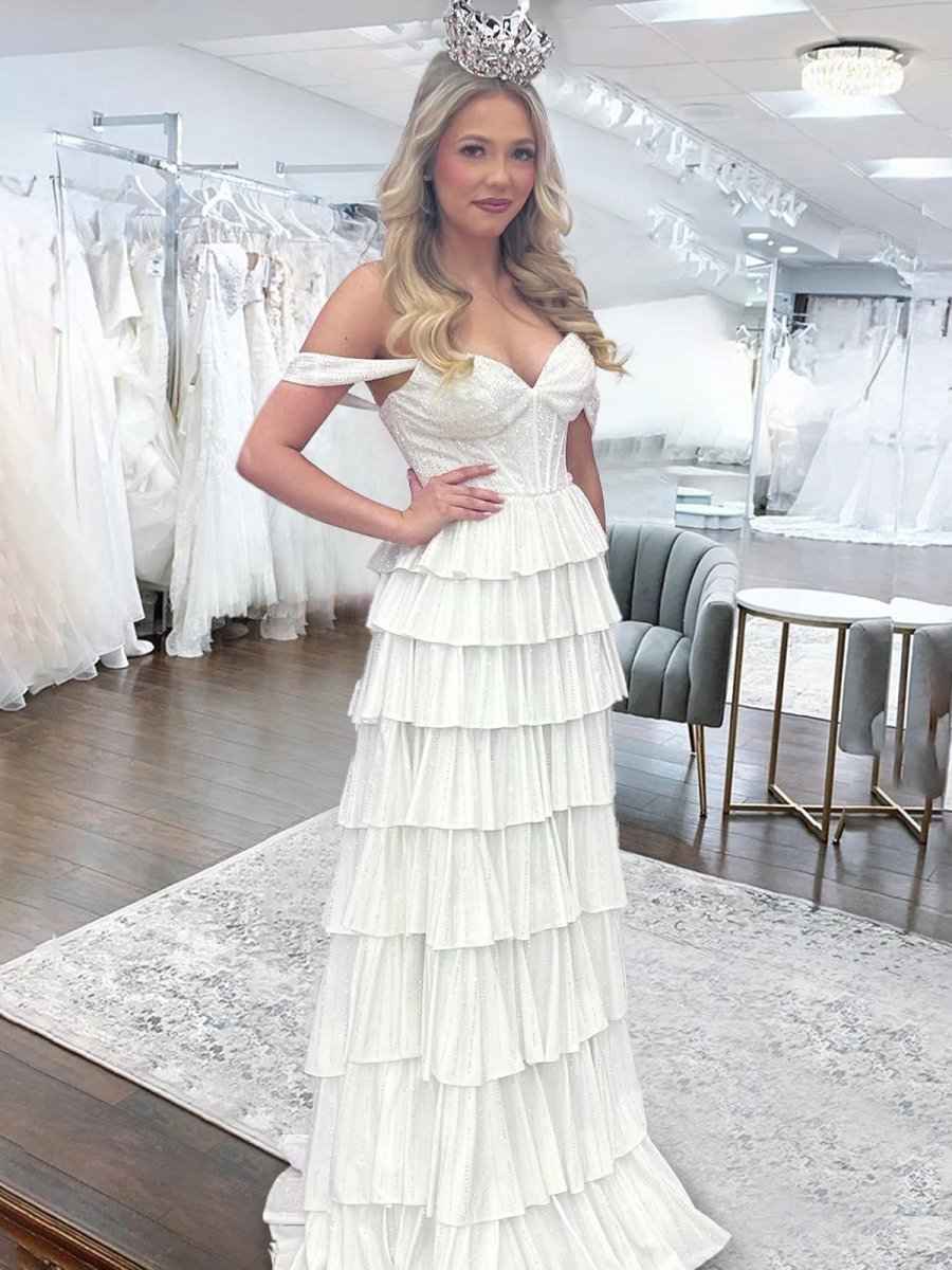 A Line Off-the-Shoulder Satin Tiered Long Evening Dress With Beads - Curvevia