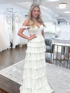 A Line Off-the-Shoulder Satin Tiered Long Evening Dress With Beads - Curvevia