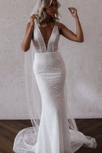 Sparkly Mermaid V Neck Sequins Lace Long Wedding Dresses - Curvevia