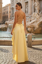 Yellow - Spaghetti Straps Sheath Satin High Low Wedding Guest Dress With Ruffles - Curvevia