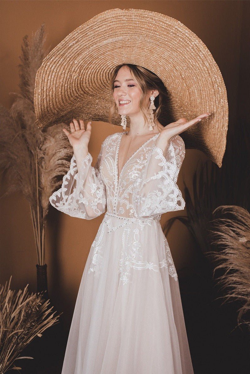 A-Line Lace Top Flare Sleeves Open Back Wedding Dress - Curvevia