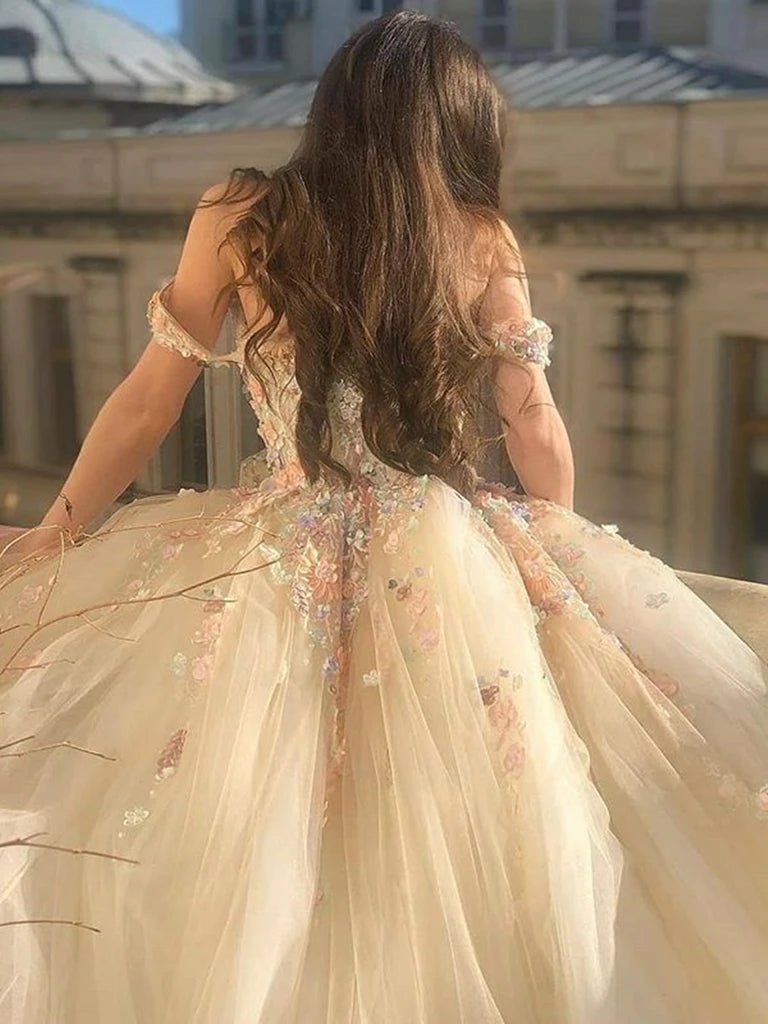 Off Shoulder Long Champagne Lace Champagne Quinceanera Dresses - Curvevia