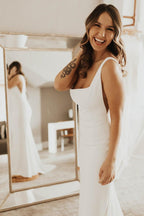 Long Square Neck Mermaid White Wedding Dress - Curvevia