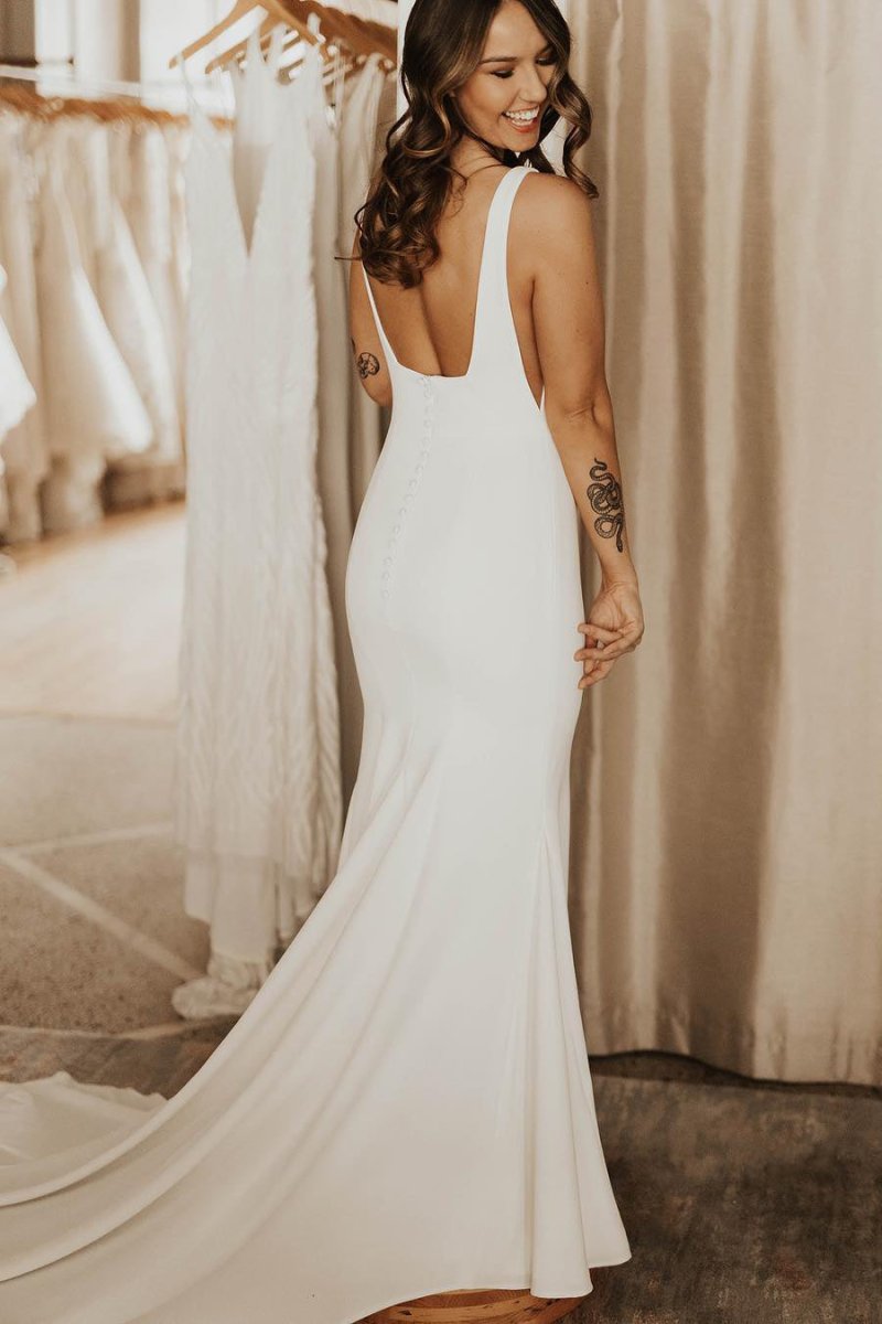 Long Square Neck Mermaid White Wedding Dress - Curvevia
