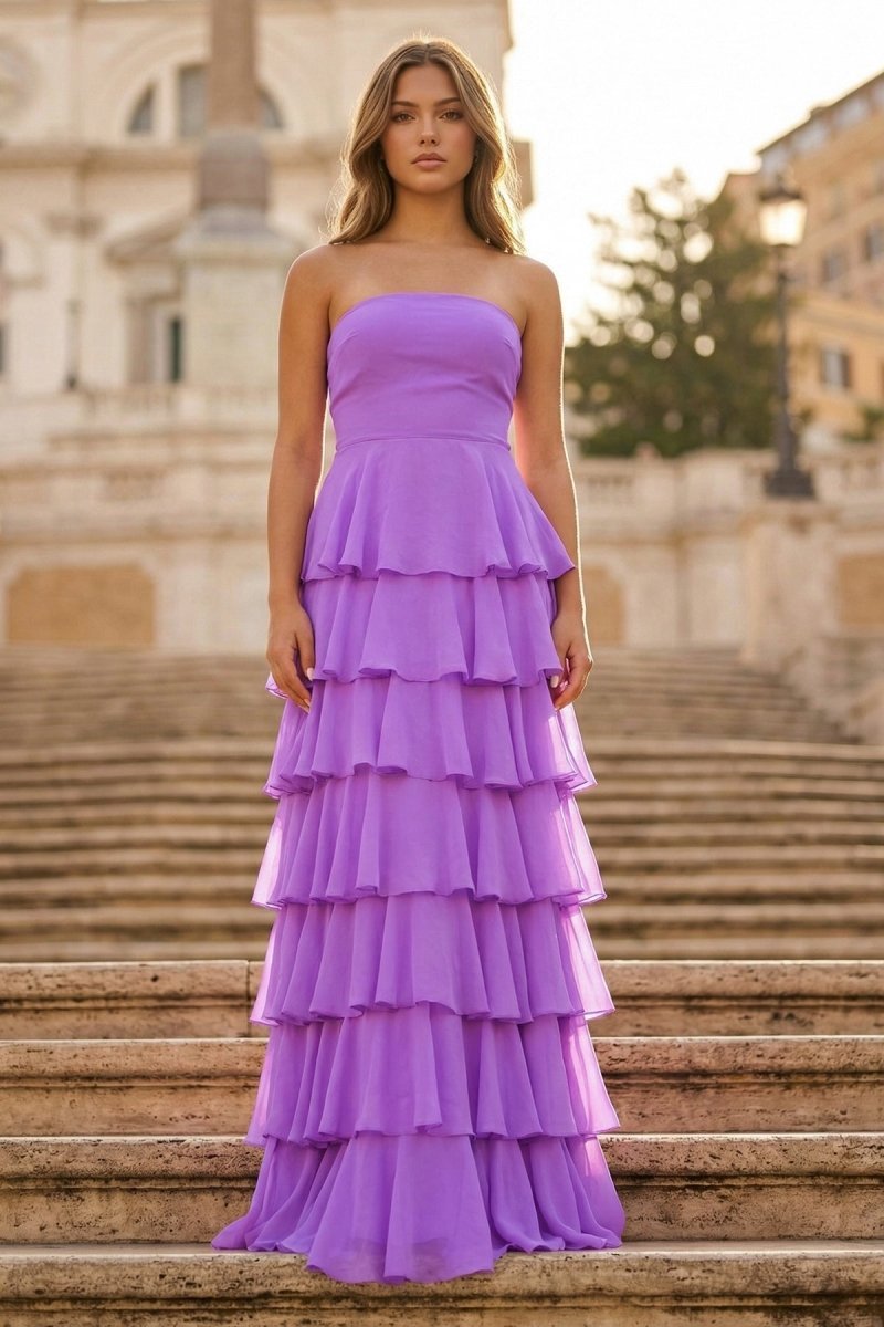 Purple Strapless A Line Chiffon Long Evening Dress With Ruffles - Curvevia