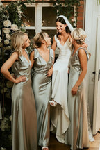 Sheath V Neck Sage Green Silk Satin Bridesmaid Dress with Bow - Curvevia
