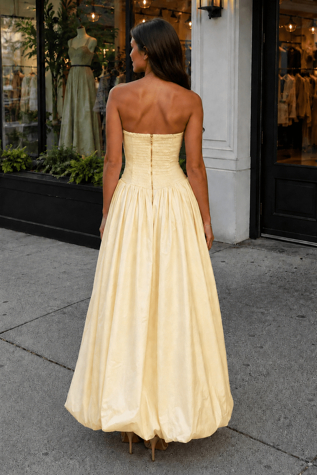 Yellow - Strapless A Line Satin Pleated Wedding Guest Dress With Slit - Curvevia