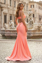 Coral Pink Spaghetti Straps Satin Mermaid Long Prom Dresses With Cutout - Curvevia