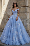 Sky Blue Ball Gown Lace Off the Shoulder Prom Dress - Curvevia