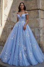 Sky Blue Ball Gown Lace Off the Shoulder Prom Dress - Curvevia