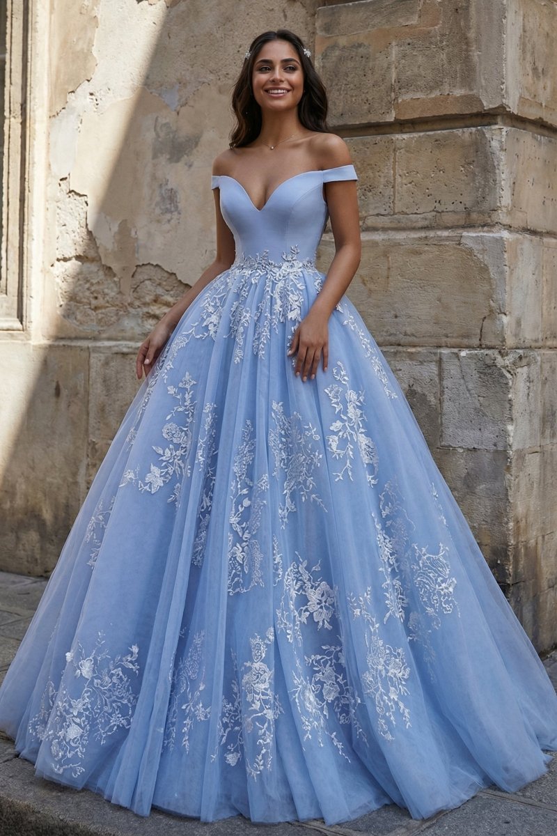 Sky Blue Ball Gown Lace Off the Shoulder Prom Dress - Curvevia
