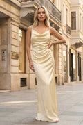 Yellow Sheath Spaghetti Straps Satin Long Prom Dresses With Pearls - Curvevia