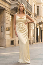 Yellow Sheath Spaghetti Straps Satin Long Prom Dresses With Pearls - Curvevia