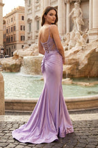 Mermaid Spaghetti Straps Lavender Satin Long Prom Dresses with Appliques - Curvevia
