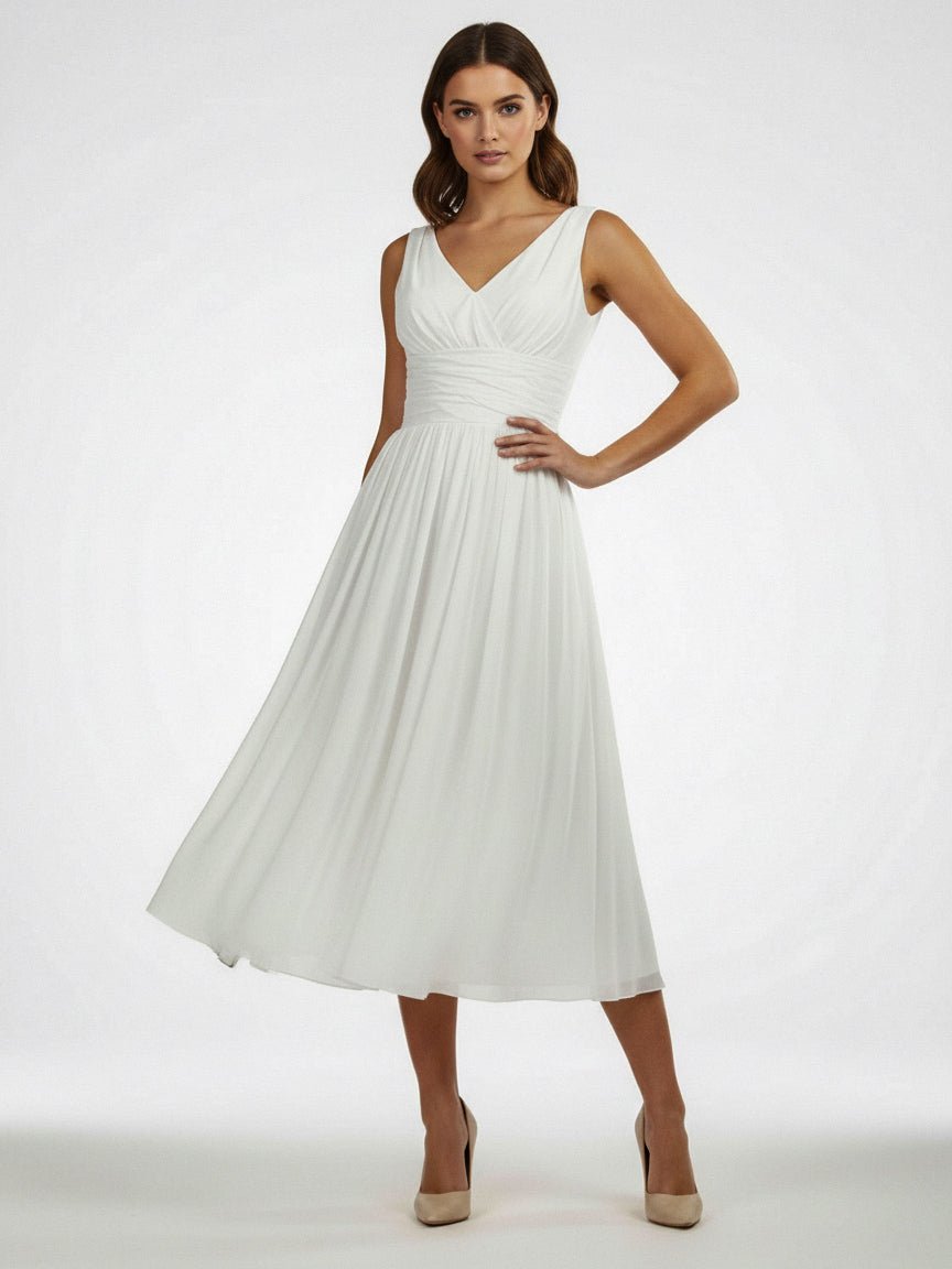 V-Neck Sleeveless Tea-Length Chiffon Wedding Dress With Ruching And Low-V Back - Curvevia