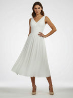 V-Neck Sleeveless Tea-Length Chiffon Wedding Dress With Ruching And Low-V Back - Curvevia
